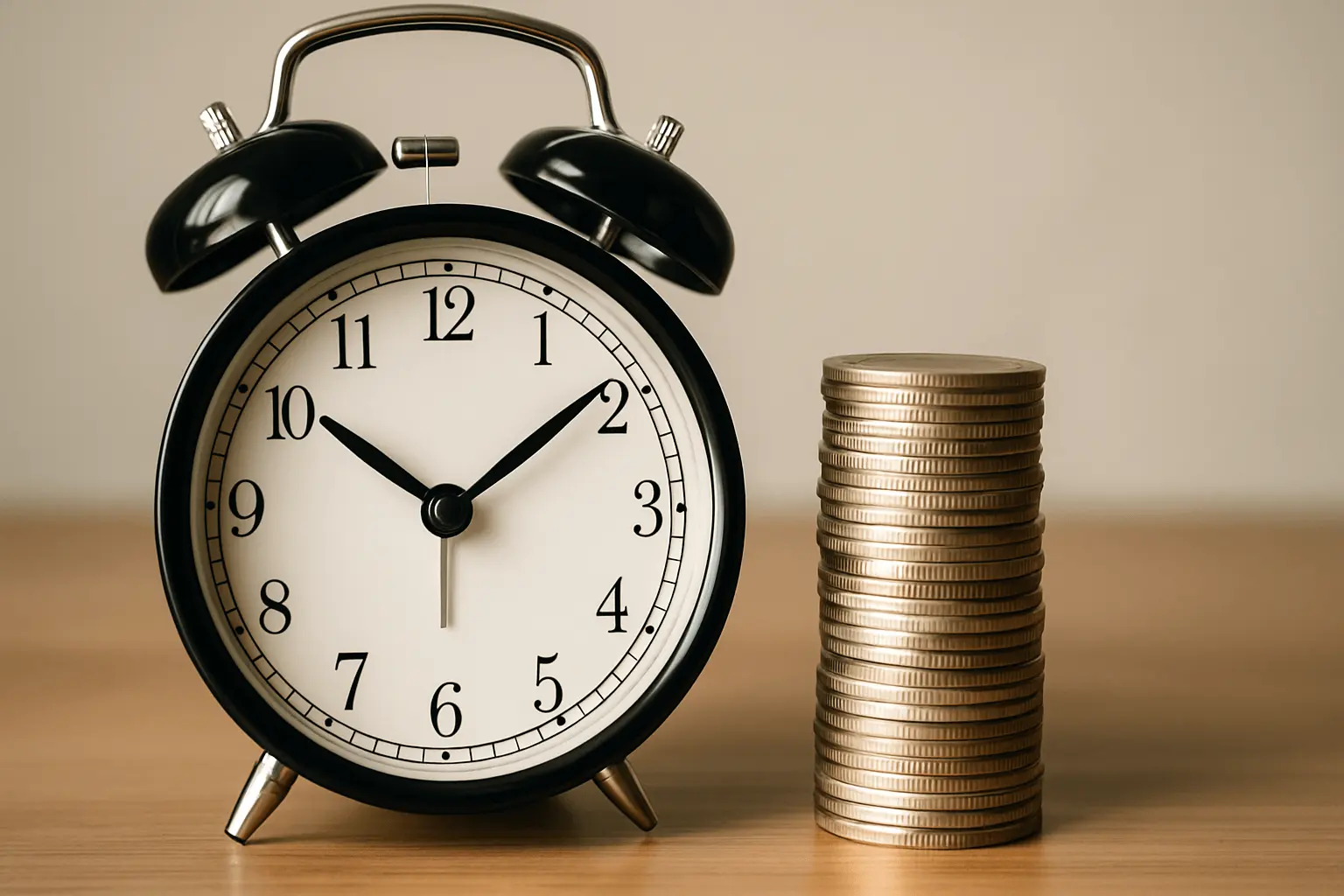 close up of a clock and stack of coins