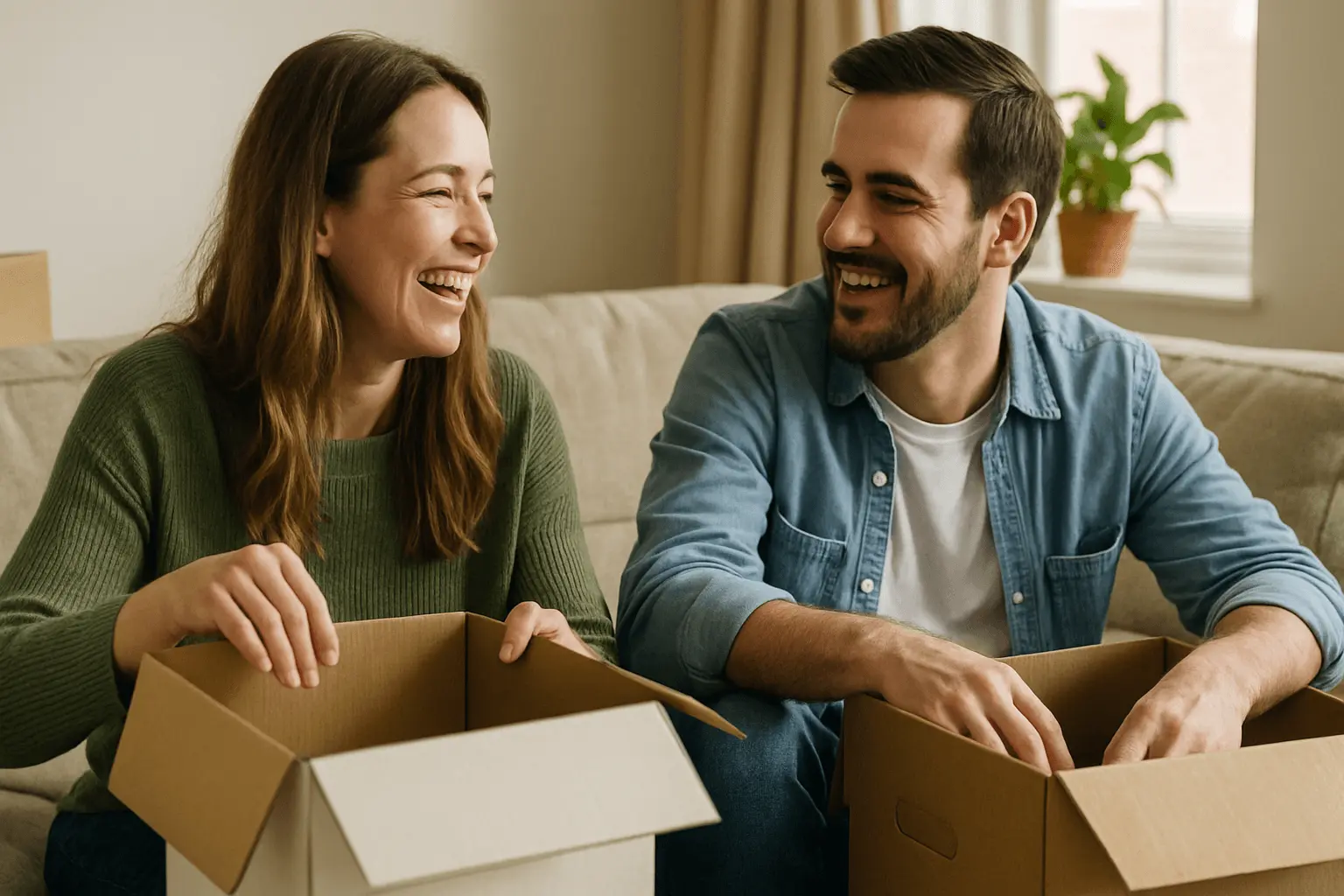 relaxed couple unpacking boxes in their home 1